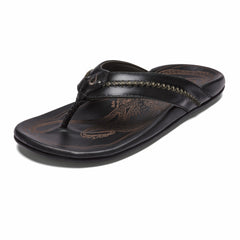 OluKai Mea Ola - Black | Men's Leather Beach Sandals