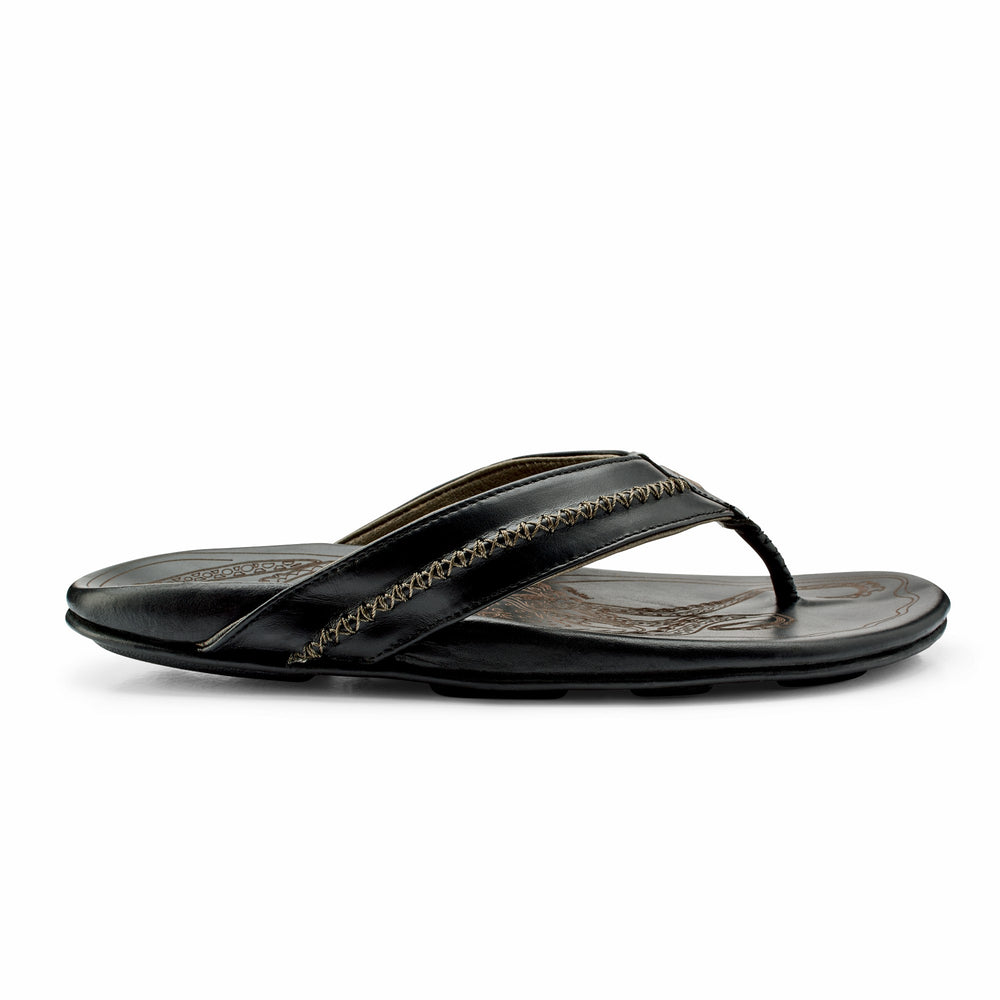 OluKai Mea Ola - Black | Men's Leather Beach Sandals