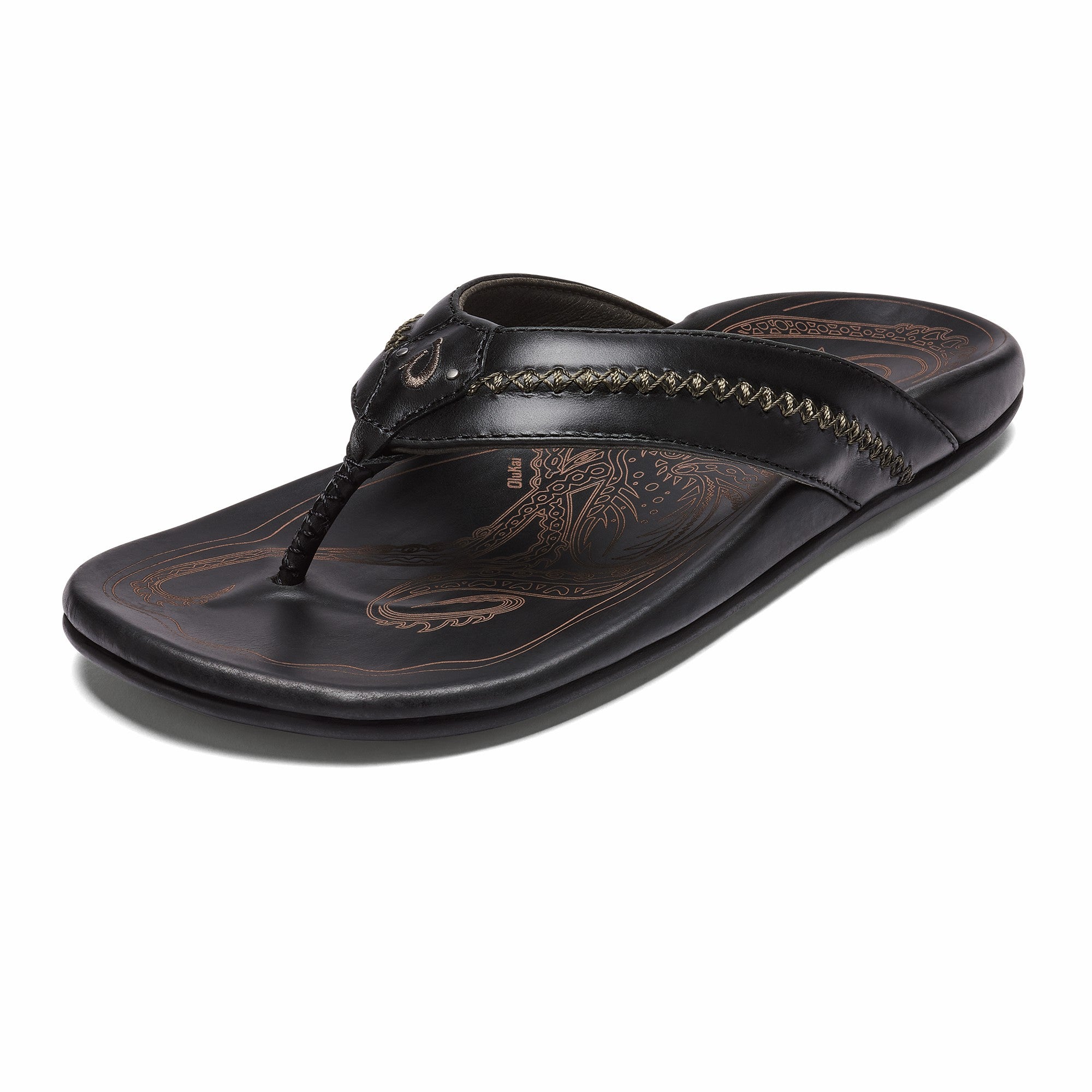 OluKai Mea Ola - Black | Men's Leather Beach Sandals