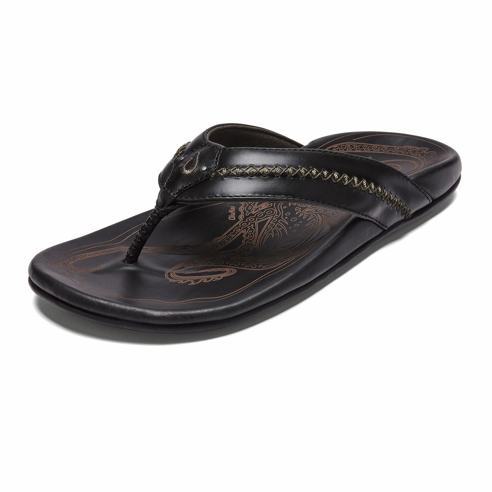 OluKai Mea Ola - Black | Men's Leather Beach Sandals