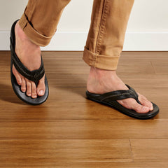 OluKai Mea Ola - Black | Men's Leather Beach Sandals
